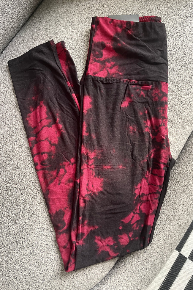 Yoga Waist 5" Burgundy Tie Dye Print Leggings