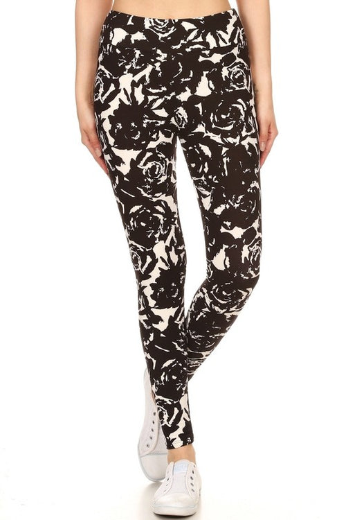 Yoga Waist 3" Black Rose Print Leggings