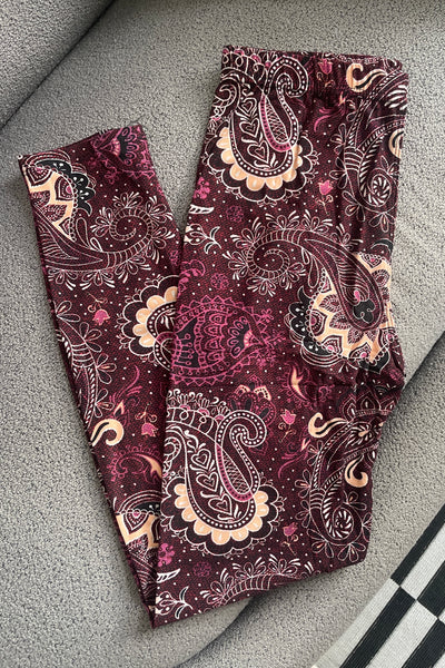 Burgundy Paisley Boho Print One Size Leggings