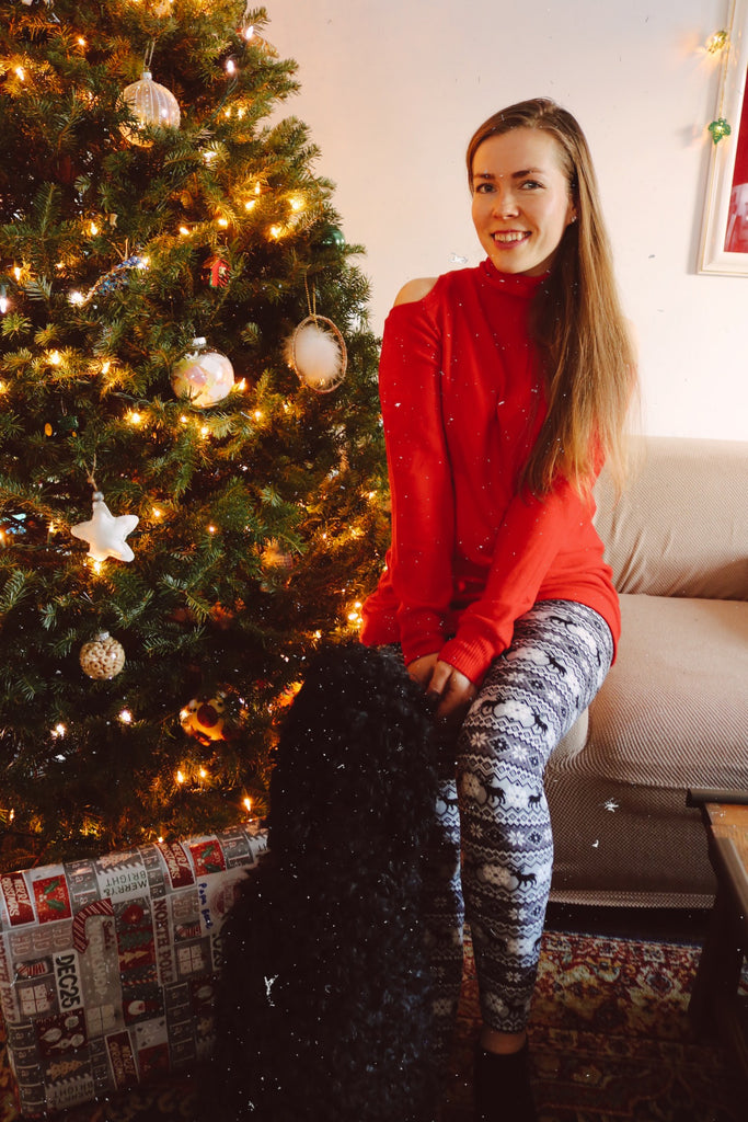 Junior Womens Red Reindeer & Snowflake Print Holiday Christmas Leggings XXL