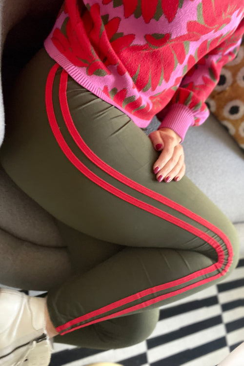 Olive Leggings with side stripes QUEEN SIZE